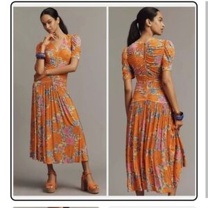 Farm Rio Ruched Floral Orange Midi Dress